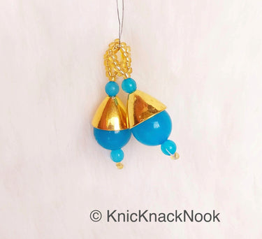 Blue Bead Tassels Latkan, Indian Antique Distressed Latkans, Gold Beaded Danglers